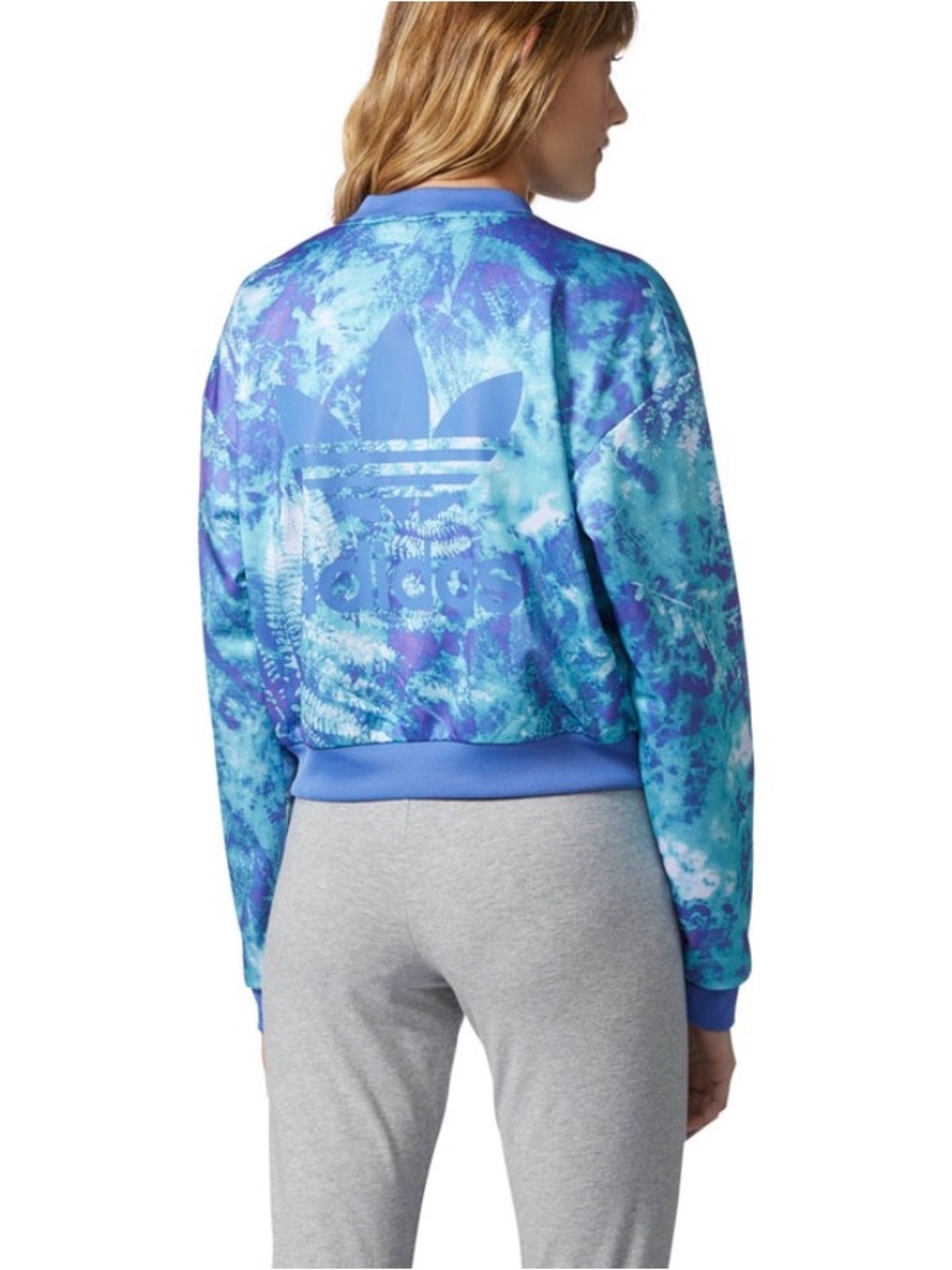 NWT-adidas Originals Oceans Element Women's Blue and Aqua Tie-Dye Bomber Jacket